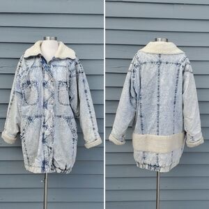Vintage 90s y2k Acid Wash Denim Sherpa Fleece Lined Rancher Overcoat Coat Lg